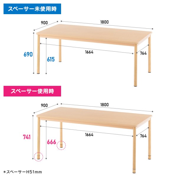 画像8: 【事業所様お届け 限定商品】介護用テーブル W1800xD900 ナチュラル 施設用 高さ調整 机 車椅子用 ダイニングテーブル 食卓 (有効脚内：高さMAX666mm) (8)