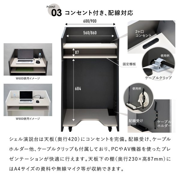 画像9: 演説台 W600 ホワイト 2ヶ口コンセント付き キャスター付き 高級仕上 木質 演台 講演台 R.F.YAMAKAWA製【法人様限定】 4510391527933 (9)